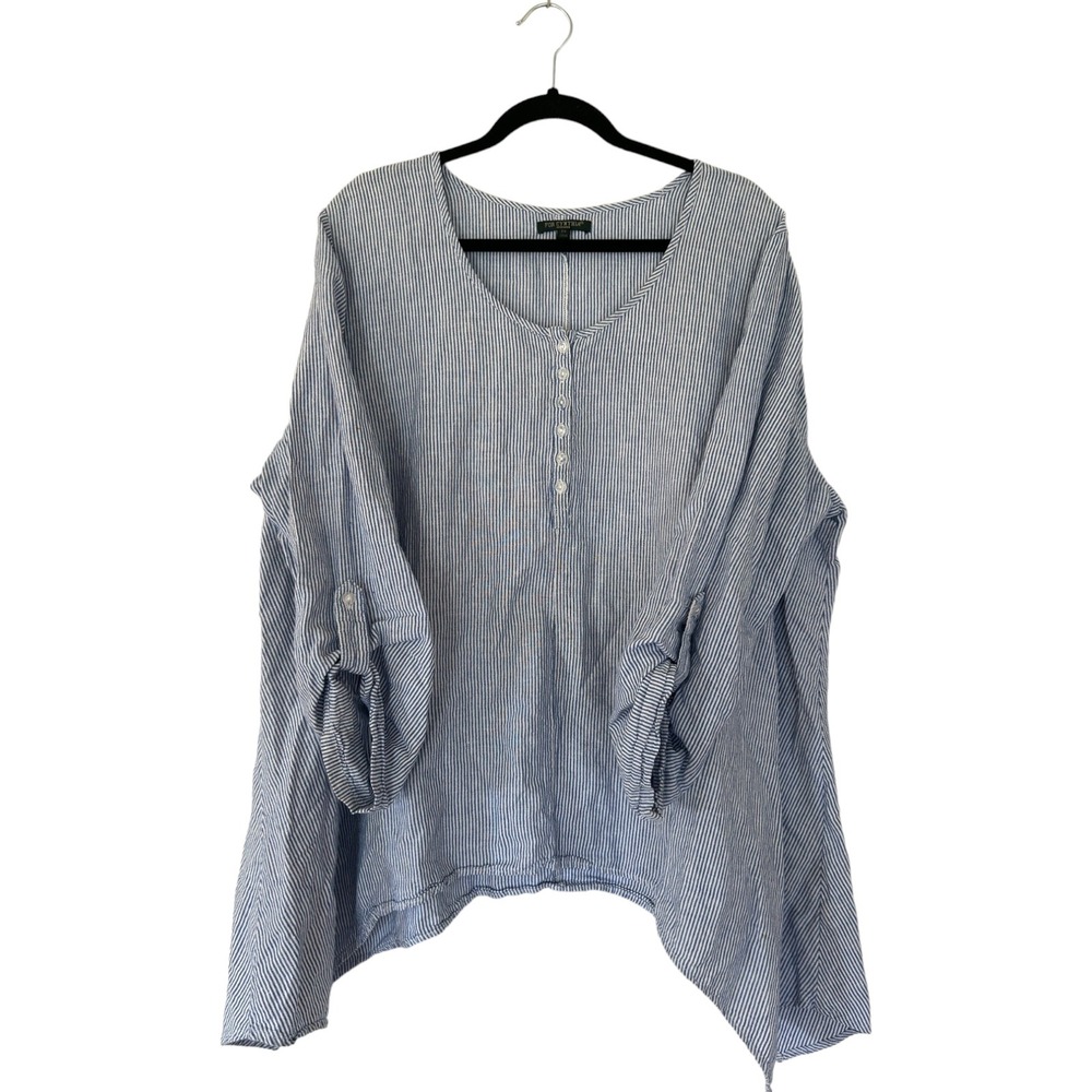 For Cynthia Woman 2X Blue Striped Linen Blend Henley Roll Tab Sharkbite Tunic